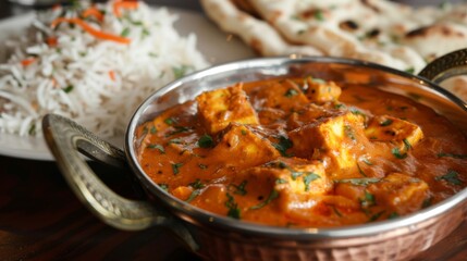 Flavorful paneer tikka masala served with fragrant jeera rice and garlic naan, offering a satisfying vegetarian option in Indian cuisine