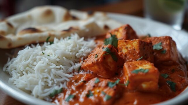 Flavorful paneer tikka masala served with fragrant jeera rice and garlic naan, offering a satisfying vegetarian option in Indian cuisine