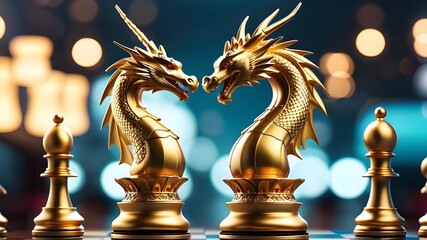 The concept of China's business tech is illustrated by a dragon chess piece with an economy element on it