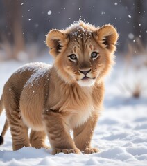 A young lion cub with a fluffy, light brown mane playing in the snow