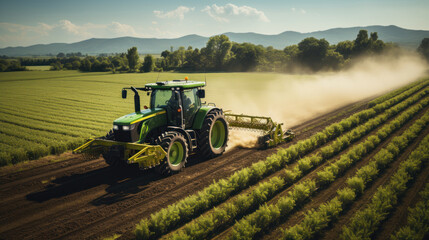 A drone shot of a modern tractor actively plowing a vast green field beneath a clear blue sky