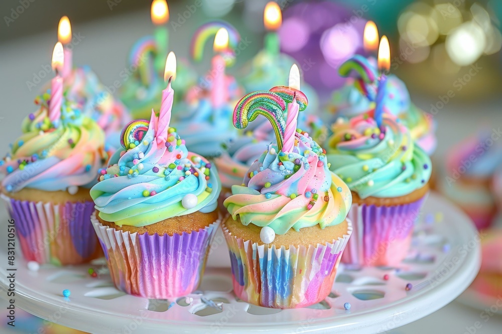 Canvas Prints Vibrant cupcakes with rainbow sprinkles and lit candles on a festive background