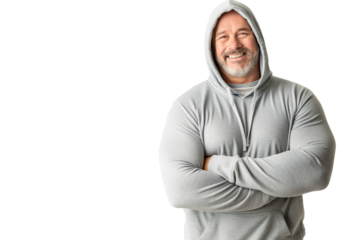 Muscular Middle-Aged Man in Grey Hoodie Smiling on White Background