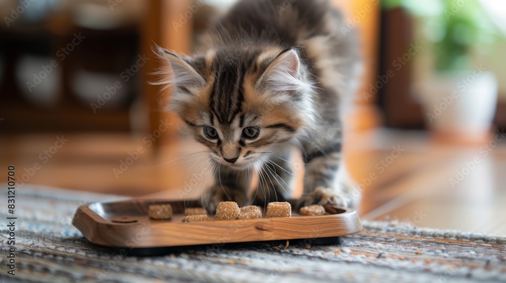 Poster fluffy kitten playing with a puzzle feeder, trying to get treats out, showcasing its intelligence an