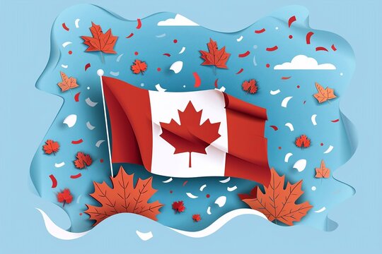 a Canadian flag waving proudly with confetti and maple leaves.