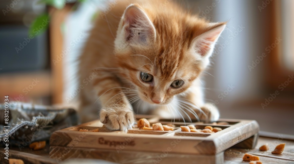 Poster fluffy kitten playing with a puzzle feeder, trying to get treats out, showcasing its intelligence an