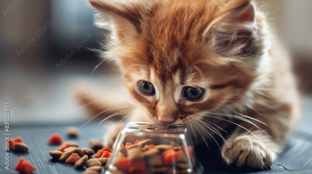 Poster fluffy kitten playing with a puzzle feeder, trying to get treats out, showcasing its intelligence an