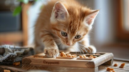 Fluffy kitten playing with a puzzle feeder, trying to get treats out, showcasing its intelligence and playful determination