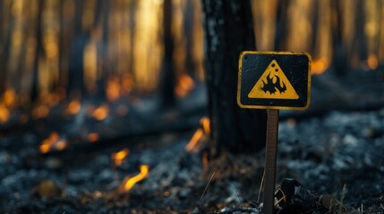 Forest fire prevention sign warning against fire hazards and urging caution in wooded areas, promoting wildfire awareness