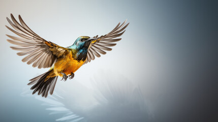 Fototapeta premium A colorful bird is captured in flight with its wings fully extended against a soft-gradient background