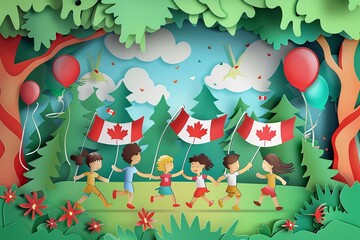 Vector paper cut of children running with Canadian flags in a park.