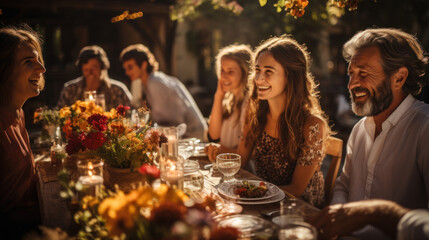 A warm and inviting scene of a multi-generational family enjoying a delightful dinner at an outdoor setting with tender interactions and conversations