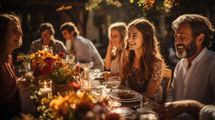 A warm and inviting scene of a multi-generational family enjoying a delightful dinner at an outdoor setting with tender interactions and conversations - Powered by Adobe