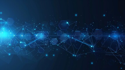 Abstract Blue Background with Hexagon Shapes, Lines, and Glowing Dots for Technology, Network, and Science Concepts