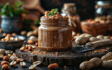 Artisanal peanut butter in glass jar surrounded by raw peanuts, on rustic wooden background