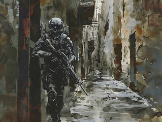 Covert Military Operator Navigates Perilous Urban Warzone in Tactical Gear