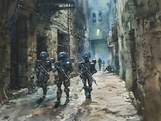Fototapeta premium Covert Military Squad Patrolling Abandoned Urban Alleyway During Tense Nighttime Mission
