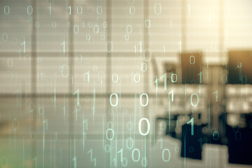 Abstract virtual binary code hologram on a modern coworking room background, AI and machine learning concept. Multiexposure