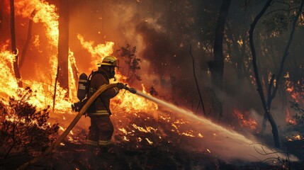 Forest firefighter battling flames with a hose, demonstrating bravery and heroism in the face of natural disasters