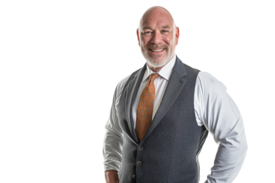 Muscular Bald Middle-Aged Man in White Shirt with Grey Vest on White Background