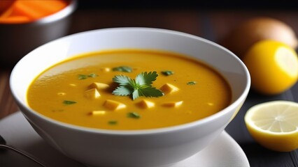 bowl of creamy pumpkin soup with tofu cubes and fresh herbs. The vibrant orange soup is served in a white bowl, with lemon wedges and other ingredients in background, creating cozy and inviting meal