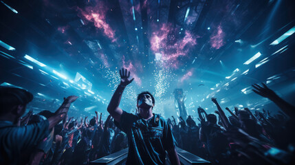 Energetic DJ entertaining the crowd at a colorful music festival under a futuristic light show