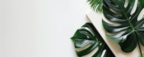 Minimal open planner with a monstera leaf accent on a white background