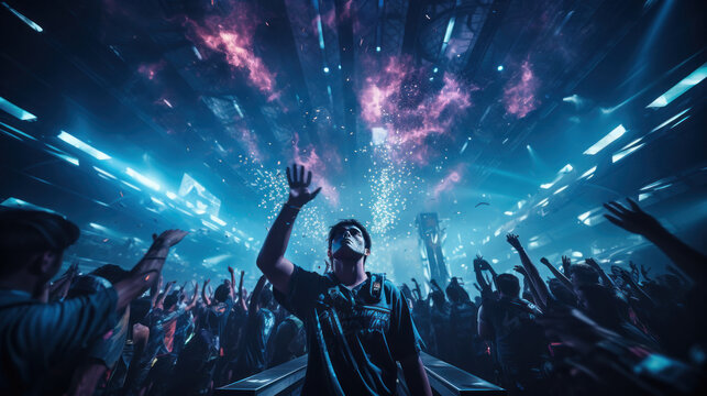 Energetic DJ entertaining the crowd at a colorful music festival under a futuristic light show