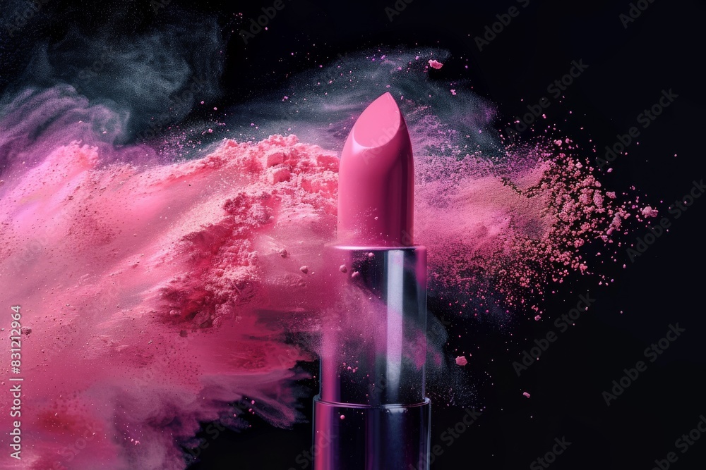 Wall mural Pink lipstick with abstract burst of powder on black background, AI generative mockup 