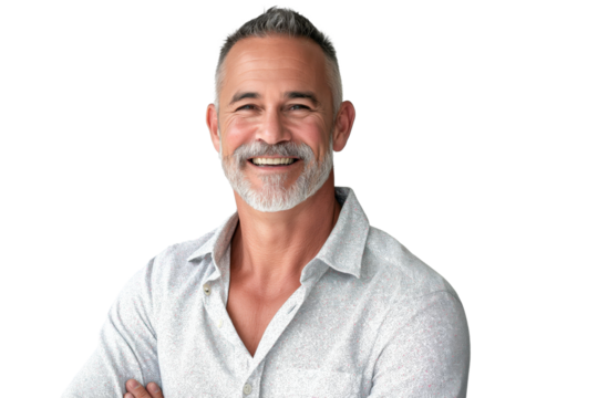Middle-Aged Man in White Shirt Smiling on White Background