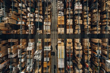 A large warehouse filled with rows of high shelves stacked with boxes