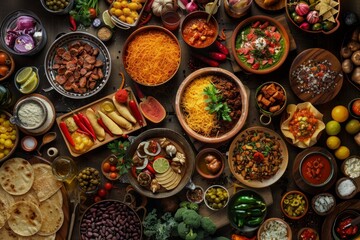 Overhead view of a table filled with various types of traditional foods from around the world