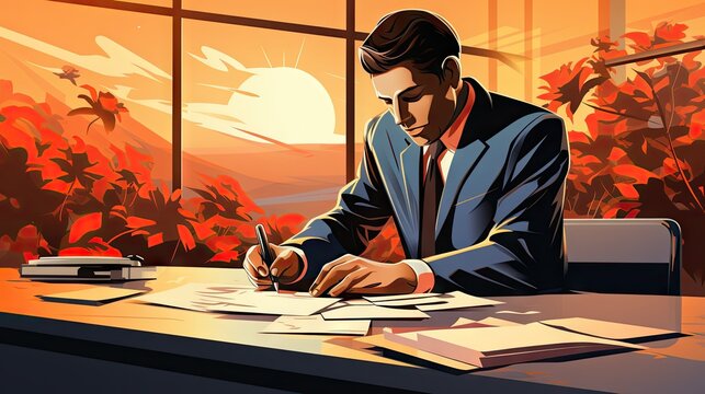 Illustrated man in blue suit focused on paperwork with a scenic sunset background through office window