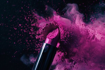 Closeup of magenta lipstick with a burst of powder on a black background, AI generative
