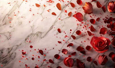 Scattered Red Rose Petals on White Marble Background. Ai Generativ 