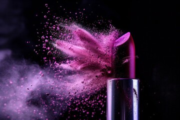 Closeup of magenta lipstick with a burst of powder on a black background, AI generative