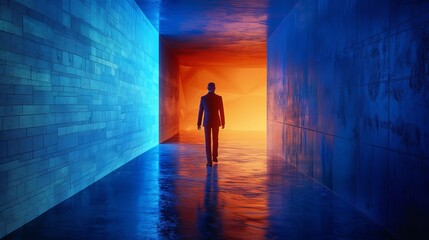 A man walks through a tunnel with a sunset in the background