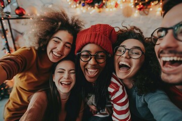 Man and adult friends bonding at festive holiday party, celebrating joy and happiness together, socializing and laughing in wide angle gathering at home