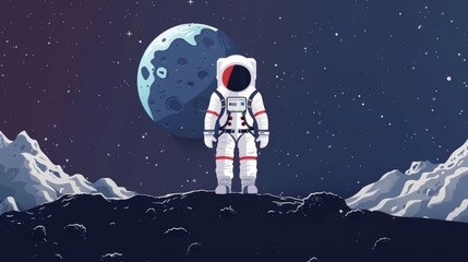 Astronaut standing on a desolate moon-like landscape with a large moon in the background, with stars in the night sky