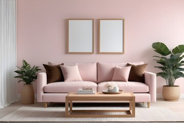 Mockup poster frame on the wall of pink living room, home interior mockup, frame mockup