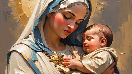 Motherhood. Mother Mary with baby Jesus, digital drawn illustration on neutral background. Generative AI © Tark