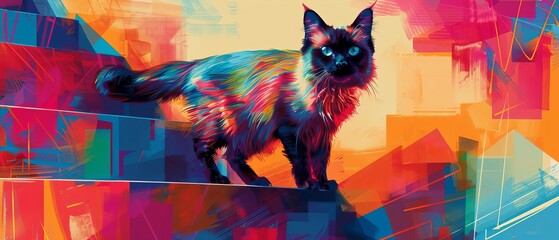 Playful Balinese Cat illustration, vibrant pop art, colorful geometric shapes focus on, dynamic, composite, playground backdrop