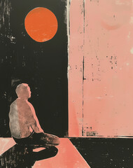 An artistic depiction of a person sitting in a room with a large red sun and black and white abstract elements creating a surreal and contemplative scene