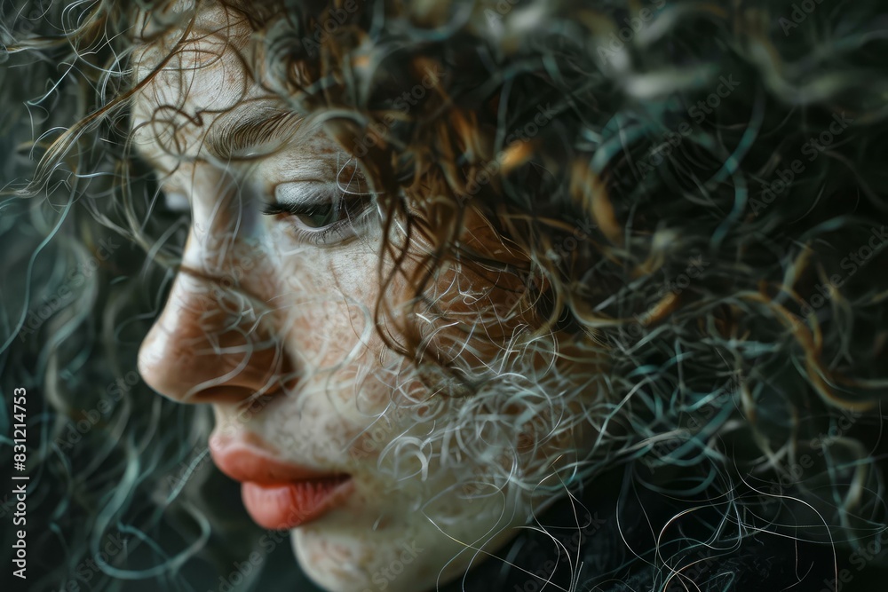 Poster artistic side profile of a young woman with curly hair and a contemplative look