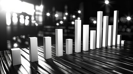 A black and white image of a bar graph with a blurred background of city lights, symbolizing growth, success, and progress.