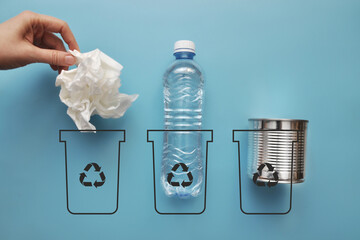 Various garbage and garbage cans. Sorting and disposal of garbage and waste