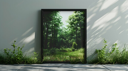 Minimalist Black Border Frame Mockup with Calming Nature Scene: High Resolution Photo Stock Concept Highlighting Modern Design Themes
