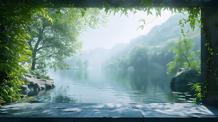 High resolution minimalist metal border frame mockup with serene nature scene for modern design themes