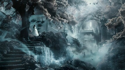 Naklejka premium Enchanting Fairytale Forest with Cascading Waterfall and Mystical Archway