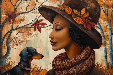 Pretty African American woman in her 20s and a dachshund are walking together in autumn The girl is wearing a fancy brown hat and brown scarf Serbian Naive painting Whimsical folk art
